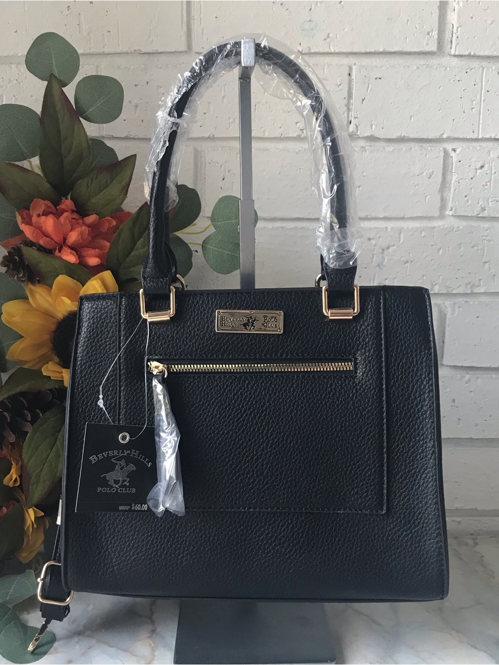Beverly Hills Polo Club Black Pebbled Satchel with Shoulder Strap NEW
